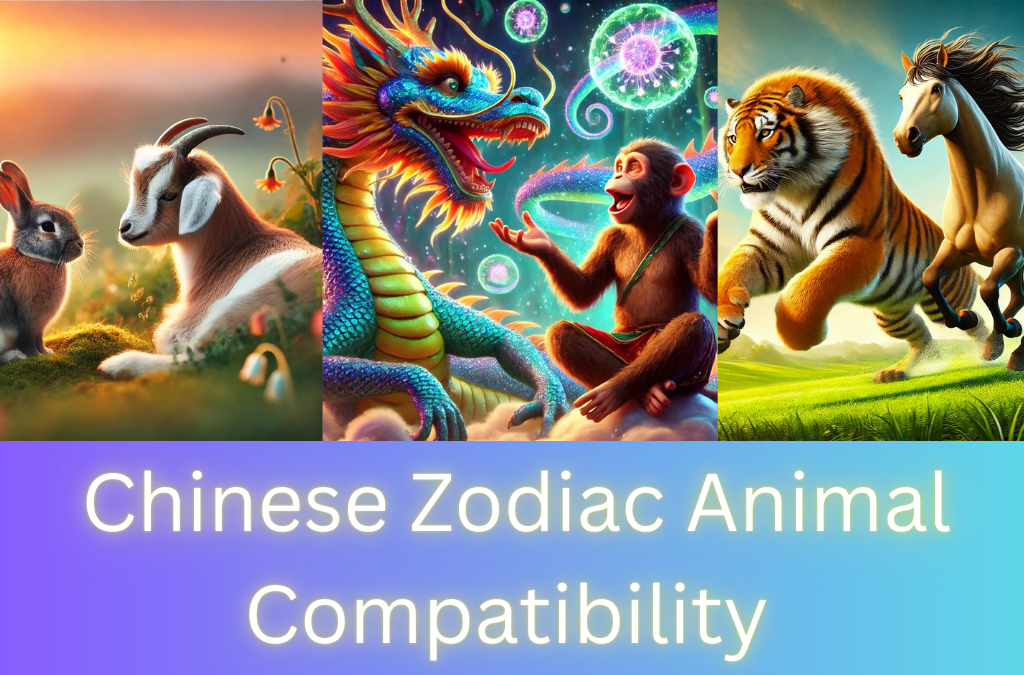 A colorful Chinese zodiac compatibility chart featuring the 12 zodiac animals in a circular arrangement. Each animal is paired with symbols indicating compatibility levels (best match, neutral, or challenging). Traditional Chinese elements such as lanterns, yin-yang symbols, and a red-and-gold color scheme enhance the design.